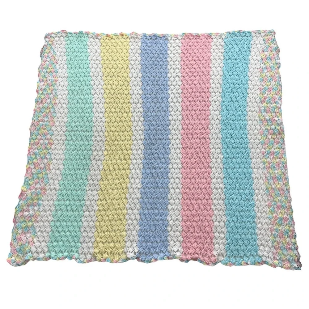 Crochet Baby‎ Blanket Unisex Pastel Striped Shell Stitch Handmade 49